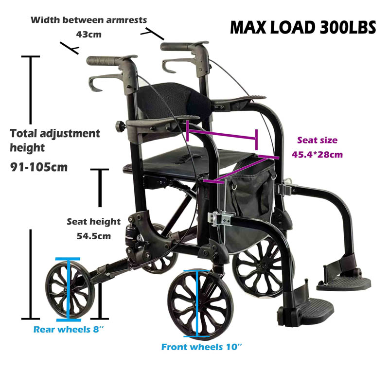 Алюминиевая 4-х колесная инвалидная коляска-ролятор с сиденьем и тормозами
