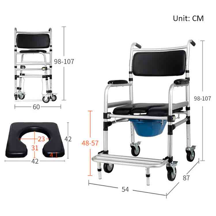 Простой алюминиевый мобильный стул-каталка комода с ножным тормозом